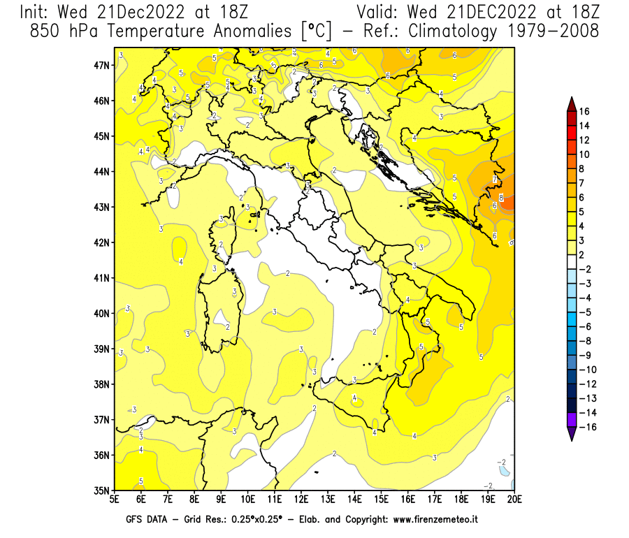 Mappa di analisi GFS - Anomalia Temperatura [°C] a 850 hPa in Italia
							del 21/12/2022 18 <!--googleoff: index-->UTC<!--googleon: index-->