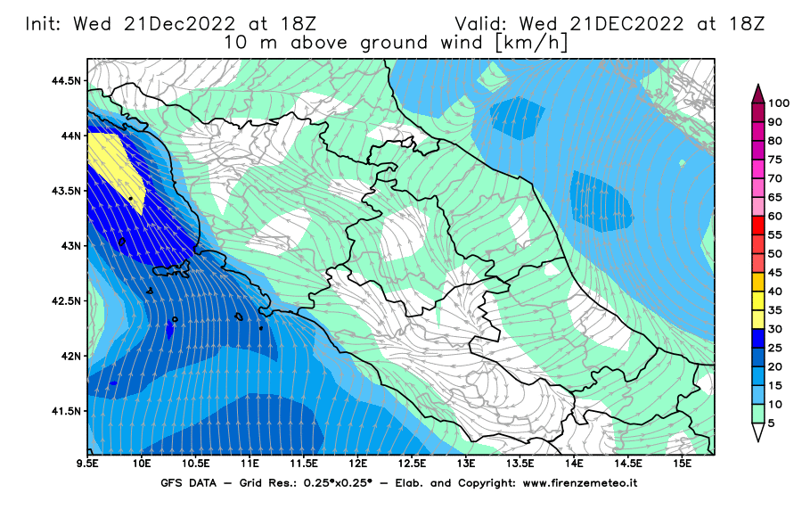 Mappa di analisi GFS - Velocità del vento a 10 metri dal suolo [km/h] in Centro-Italia
							del 21/12/2022 18 <!--googleoff: index-->UTC<!--googleon: index-->
