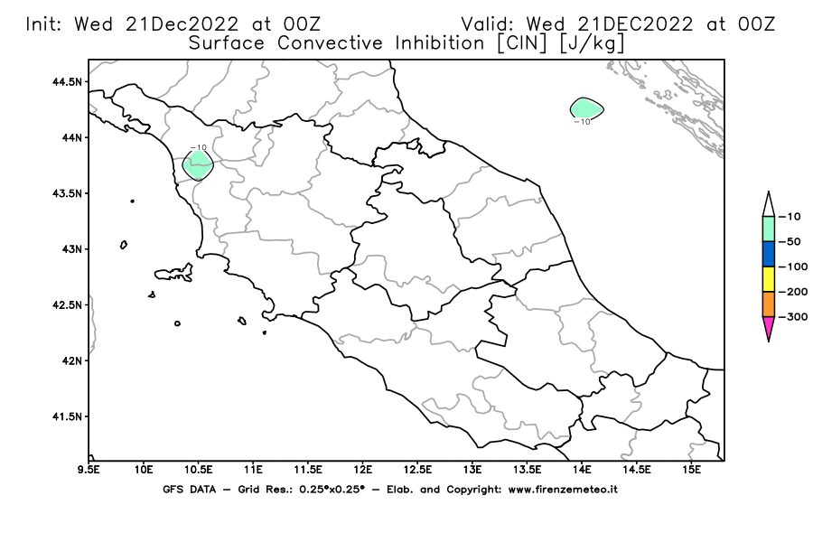 Mappa di analisi GFS - CIN [J/kg] in Centro-Italia
							del 21/12/2022 00 <!--googleoff: index-->UTC<!--googleon: index-->