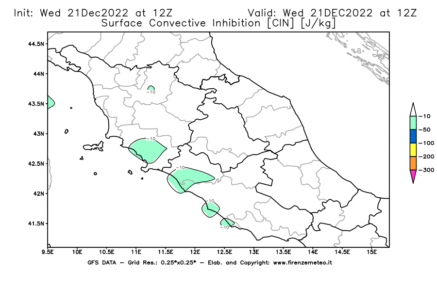 Mappa di analisi GFS - CIN [J/kg] in Centro-Italia
							del 21/12/2022 12 <!--googleoff: index-->UTC<!--googleon: index-->