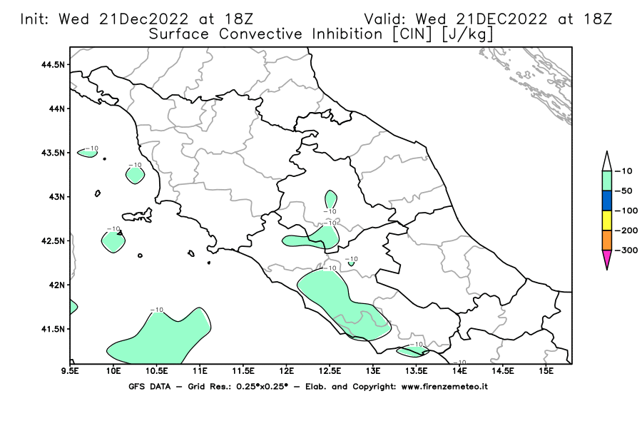 Mappa di analisi GFS - CIN [J/kg] in Centro-Italia
							del 21/12/2022 18 <!--googleoff: index-->UTC<!--googleon: index-->