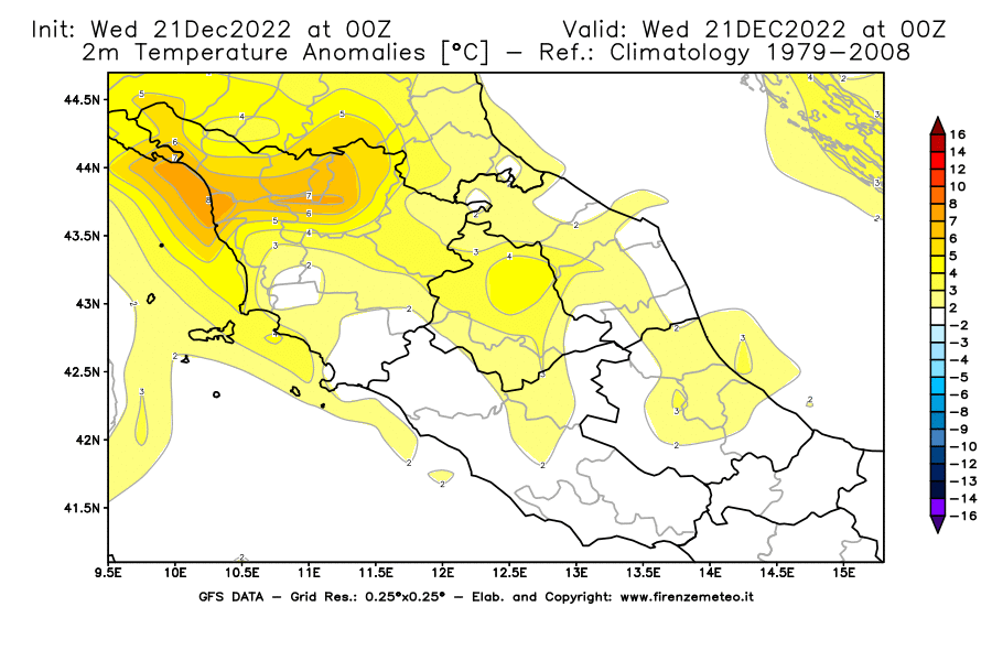 Mappa di analisi GFS - Anomalia Temperatura [°C] a 2 m in Centro-Italia
							del 21/12/2022 00 <!--googleoff: index-->UTC<!--googleon: index-->