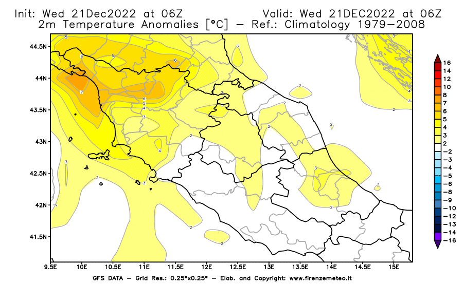 Mappa di analisi GFS - Anomalia Temperatura [°C] a 2 m in Centro-Italia
							del 21/12/2022 06 <!--googleoff: index-->UTC<!--googleon: index-->