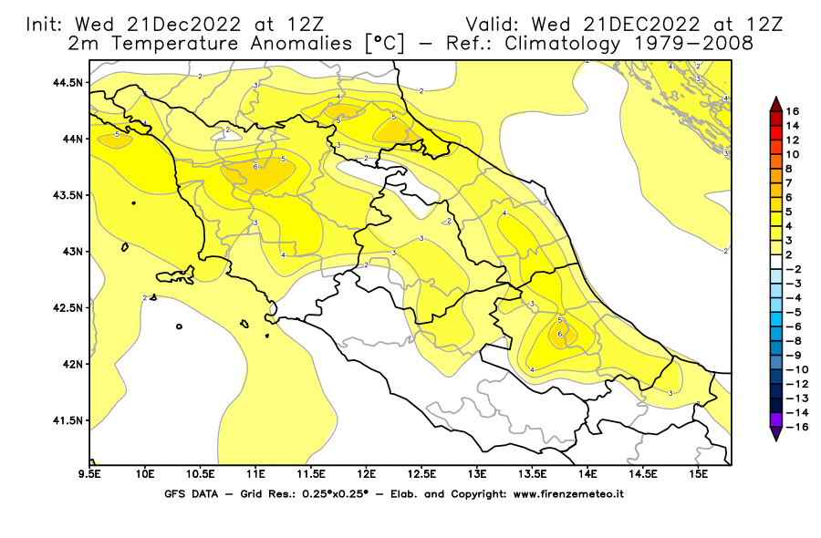 Mappa di analisi GFS - Anomalia Temperatura [°C] a 2 m in Centro-Italia
							del 21/12/2022 12 <!--googleoff: index-->UTC<!--googleon: index-->