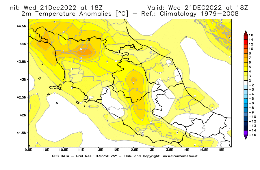 Mappa di analisi GFS - Anomalia Temperatura [°C] a 2 m in Centro-Italia
							del 21/12/2022 18 <!--googleoff: index-->UTC<!--googleon: index-->