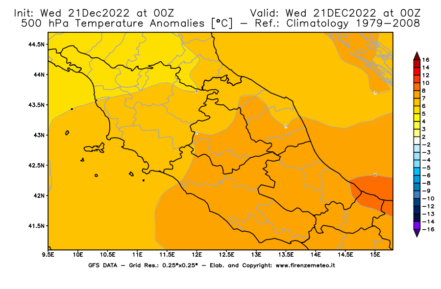 Mappa di analisi GFS - Anomalia Temperatura [°C] a 500 hPa in Centro-Italia
							del 21/12/2022 00 <!--googleoff: index-->UTC<!--googleon: index-->
