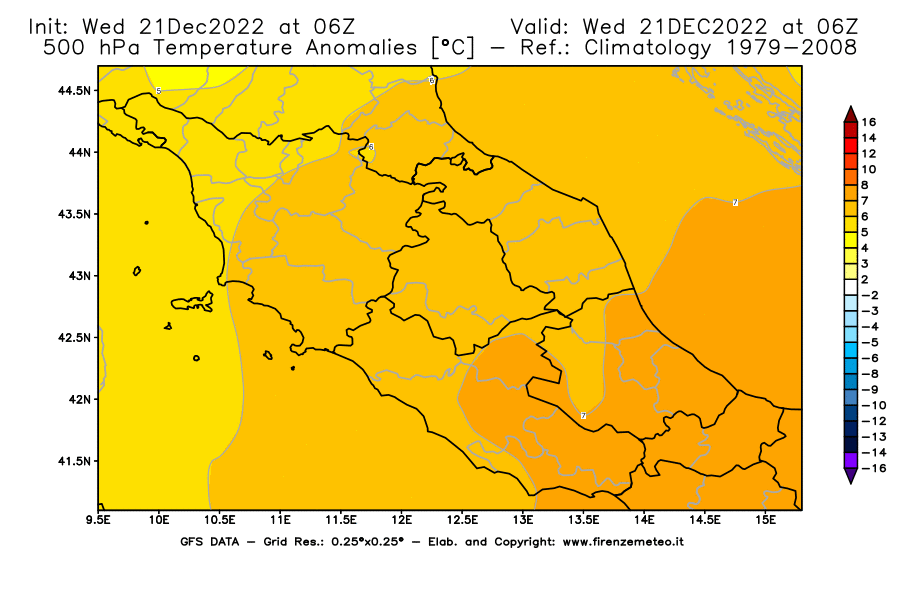 Mappa di analisi GFS - Anomalia Temperatura [°C] a 500 hPa in Centro-Italia
							del 21/12/2022 06 <!--googleoff: index-->UTC<!--googleon: index-->