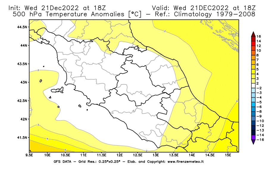 Mappa di analisi GFS - Anomalia Temperatura [°C] a 500 hPa in Centro-Italia
							del 21/12/2022 18 <!--googleoff: index-->UTC<!--googleon: index-->