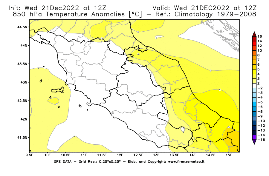 Mappa di analisi GFS - Anomalia Temperatura [°C] a 850 hPa in Centro-Italia
							del 21/12/2022 12 <!--googleoff: index-->UTC<!--googleon: index-->