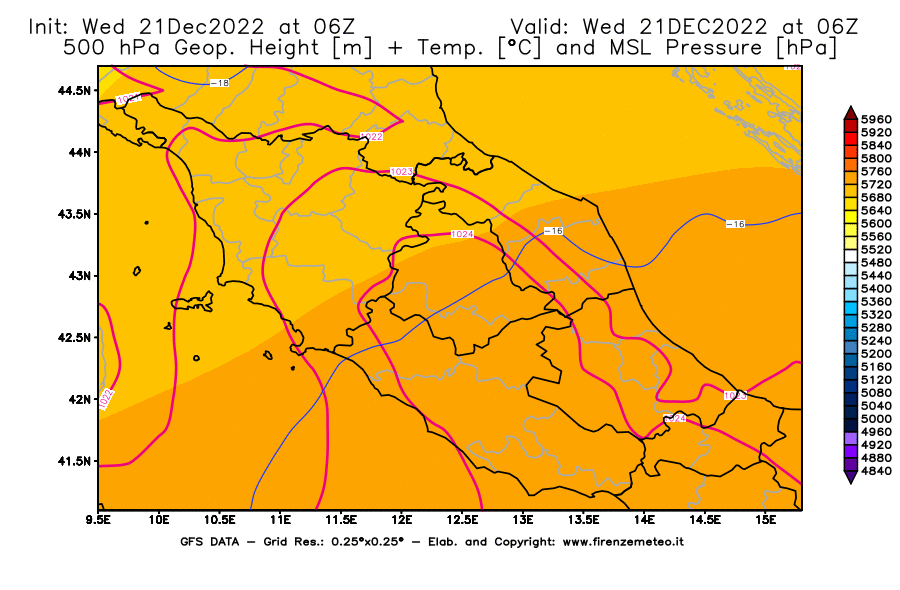 Mappa di analisi GFS - Geopotenziale [m] + Temp. [°C] a 500 hPa + Press. a livello del mare [hPa] in Centro-Italia
							del 21/12/2022 06 <!--googleoff: index-->UTC<!--googleon: index-->