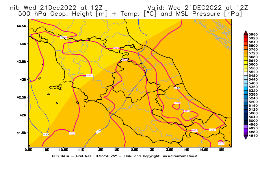 Mappa di analisi GFS - Geopotenziale [m] + Temp. [°C] a 500 hPa + Press. a livello del mare [hPa] in Centro-Italia
							del 21/12/2022 12 <!--googleoff: index-->UTC<!--googleon: index-->