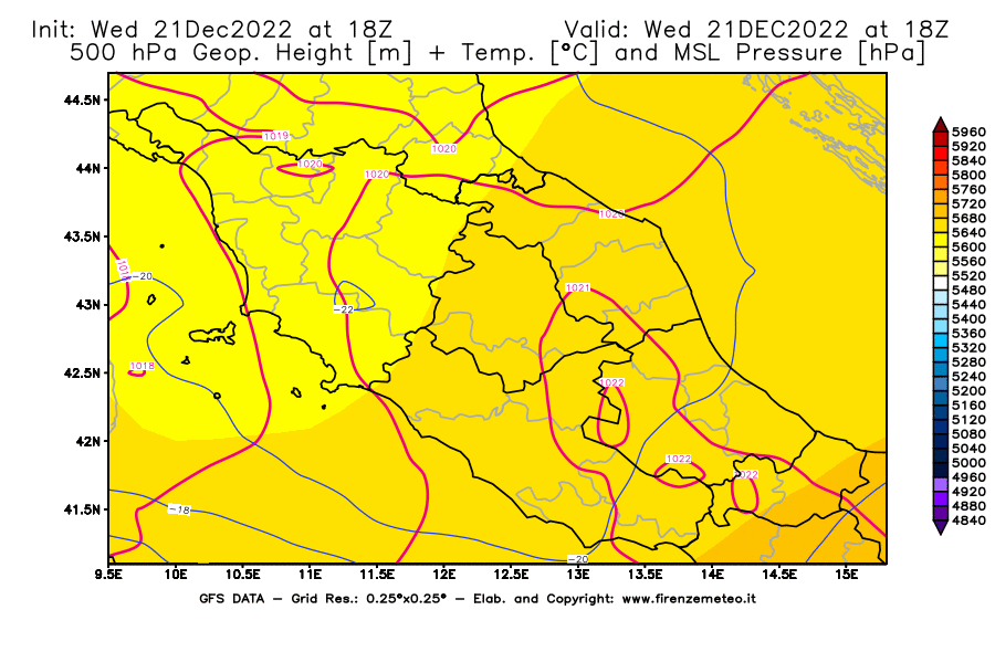 Mappa di analisi GFS - Geopotenziale [m] + Temp. [°C] a 500 hPa + Press. a livello del mare [hPa] in Centro-Italia
							del 21/12/2022 18 <!--googleoff: index-->UTC<!--googleon: index-->