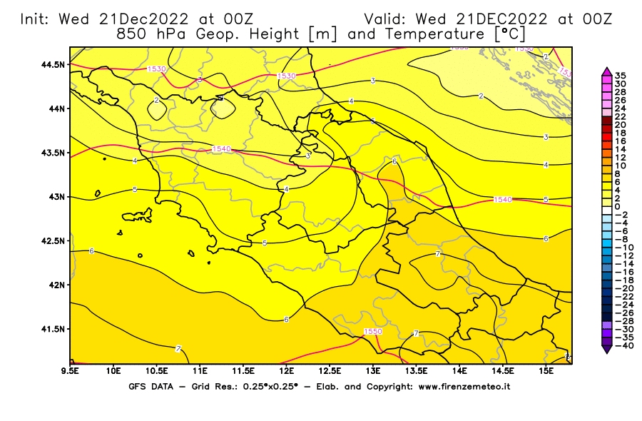 Mappa di analisi GFS - Geopotenziale [m] e Temperatura [°C] a 850 hPa in Centro-Italia
							del 21/12/2022 00 <!--googleoff: index-->UTC<!--googleon: index-->