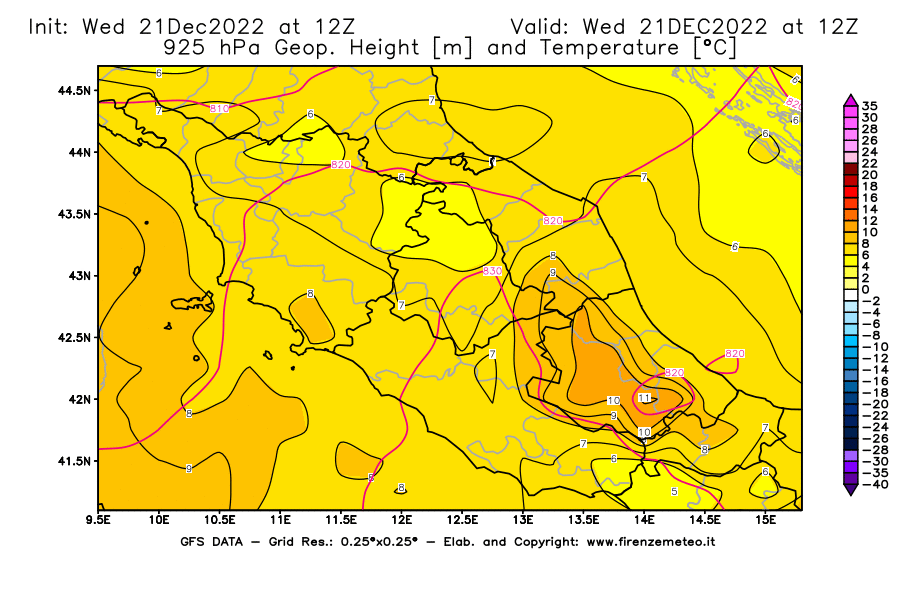 Mappa di analisi GFS - Geopotenziale [m] e Temperatura [°C] a 925 hPa in Centro-Italia
							del 21/12/2022 12 <!--googleoff: index-->UTC<!--googleon: index-->