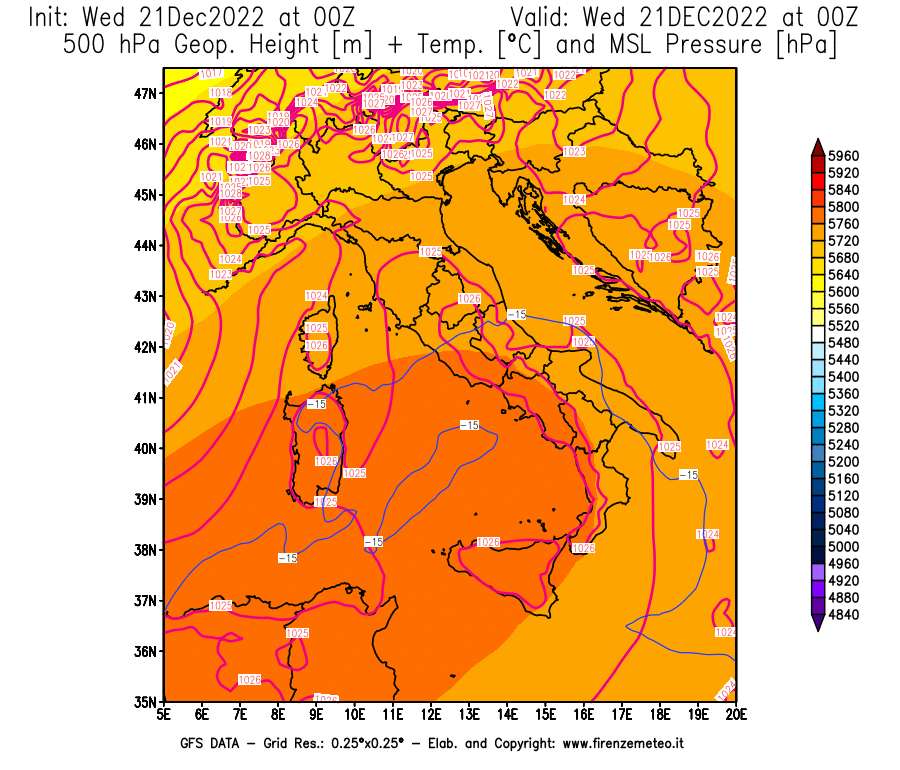 Mappa di analisi GFS - Geopotenziale [m] + Temp. [°C] a 500 hPa + Press. a livello del mare [hPa] in Italia
							del 21/12/2022 00 <!--googleoff: index-->UTC<!--googleon: index-->