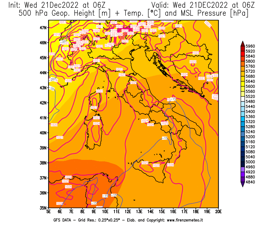 Mappa di analisi GFS - Geopotenziale [m] + Temp. [°C] a 500 hPa + Press. a livello del mare [hPa] in Italia
							del 21/12/2022 06 <!--googleoff: index-->UTC<!--googleon: index-->