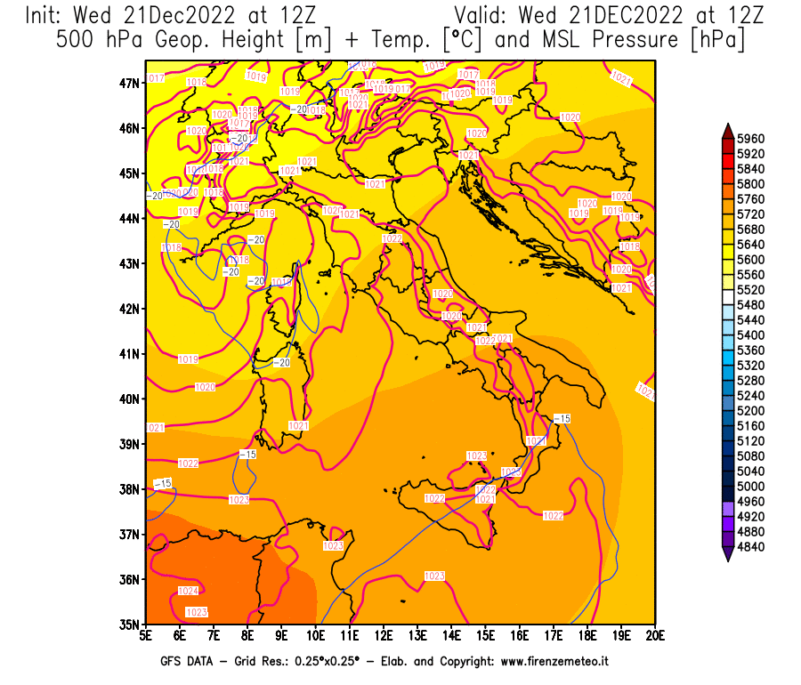 Mappa di analisi GFS - Geopotenziale [m] + Temp. [°C] a 500 hPa + Press. a livello del mare [hPa] in Italia
							del 21/12/2022 12 <!--googleoff: index-->UTC<!--googleon: index-->