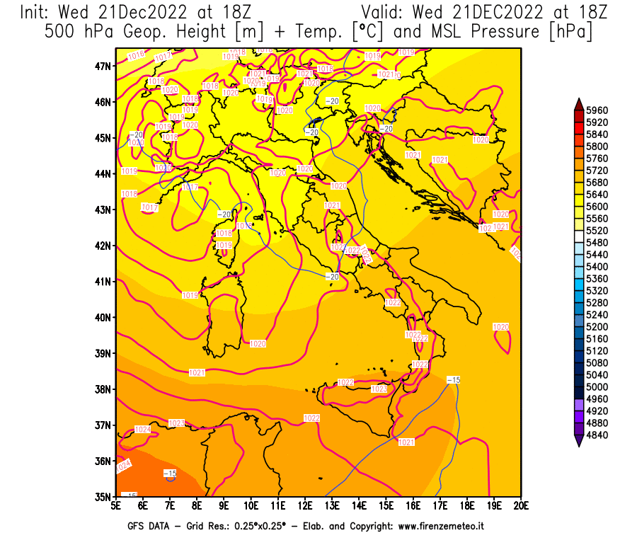 Mappa di analisi GFS - Geopotenziale [m] + Temp. [°C] a 500 hPa + Press. a livello del mare [hPa] in Italia
							del 21/12/2022 18 <!--googleoff: index-->UTC<!--googleon: index-->