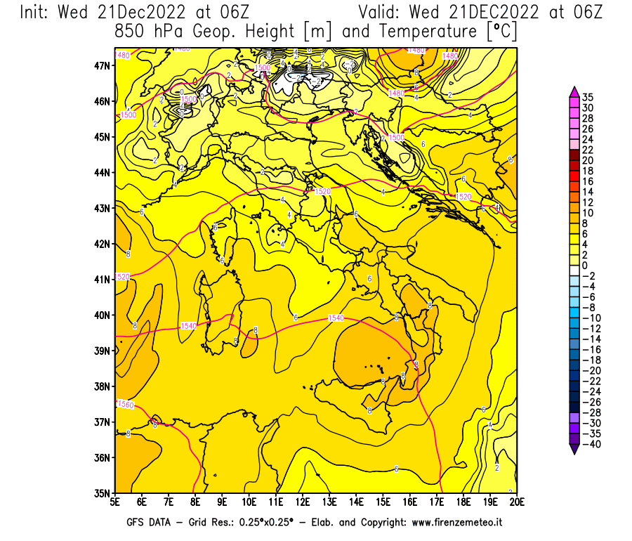 Mappa di analisi GFS - Geopotenziale [m] e Temperatura [°C] a 850 hPa in Italia
							del 21/12/2022 06 <!--googleoff: index-->UTC<!--googleon: index-->