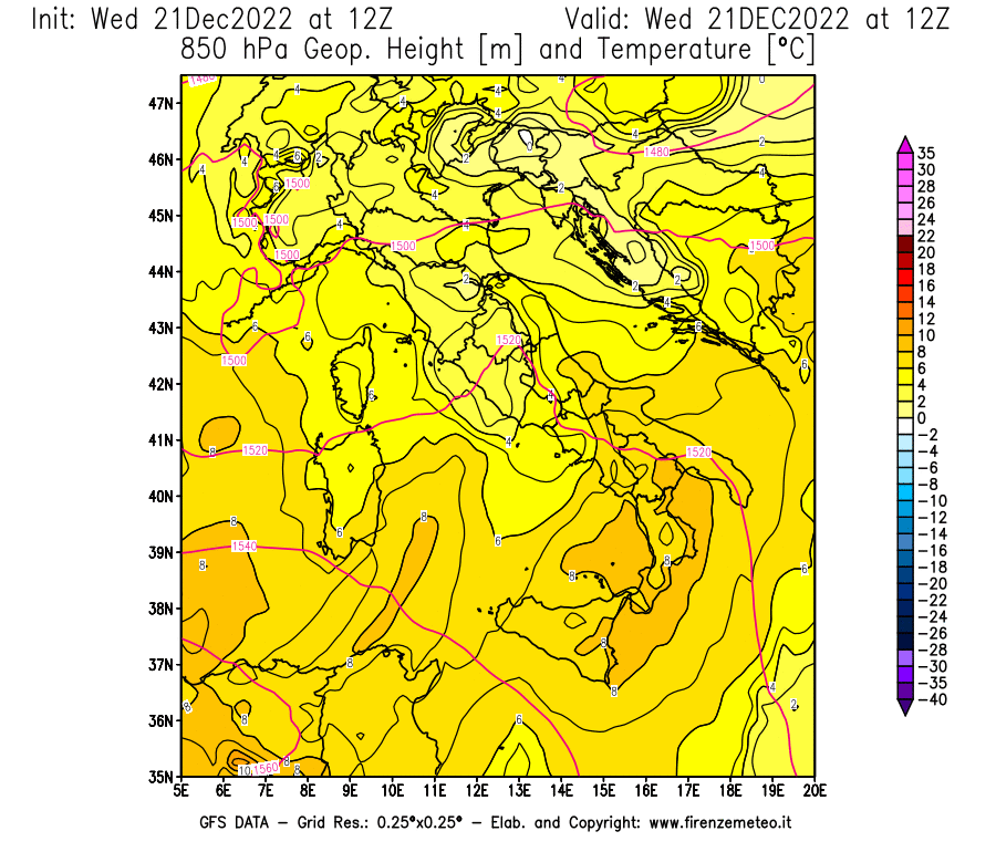 Mappa di analisi GFS - Geopotenziale [m] e Temperatura [°C] a 850 hPa in Italia
							del 21/12/2022 12 <!--googleoff: index-->UTC<!--googleon: index-->