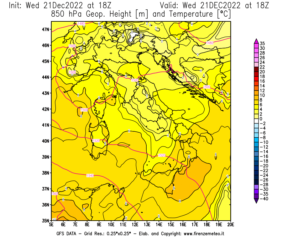Mappa di analisi GFS - Geopotenziale [m] e Temperatura [°C] a 850 hPa in Italia
							del 21/12/2022 18 <!--googleoff: index-->UTC<!--googleon: index-->