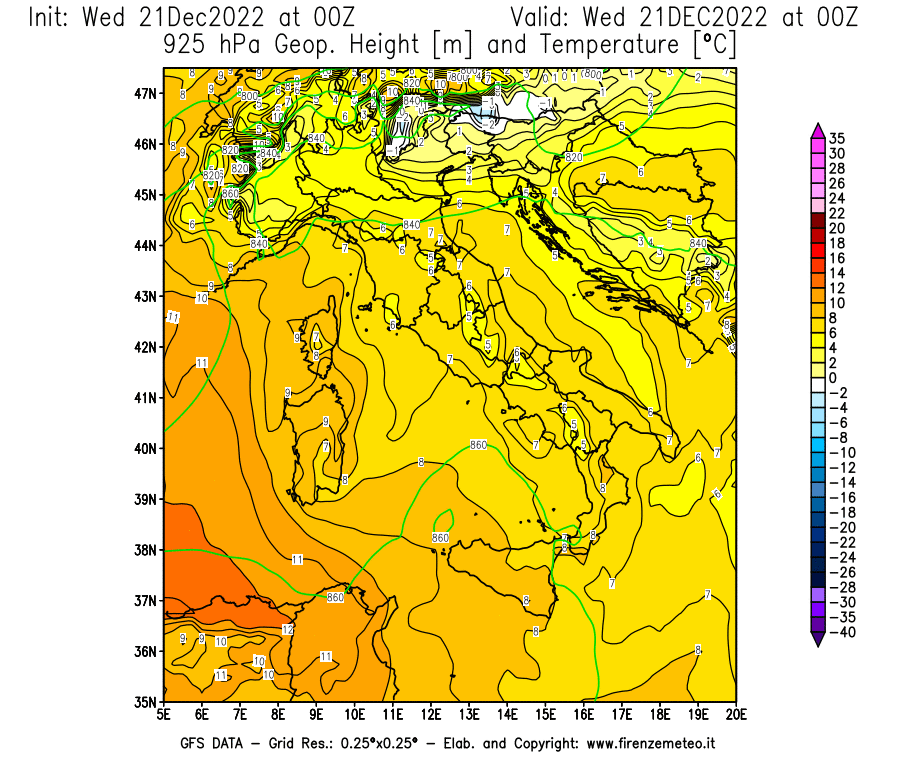 Mappa di analisi GFS - Geopotenziale [m] e Temperatura [°C] a 925 hPa in Italia
							del 21/12/2022 00 <!--googleoff: index-->UTC<!--googleon: index-->