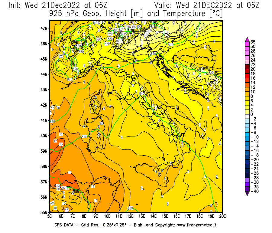 Mappa di analisi GFS - Geopotenziale [m] e Temperatura [°C] a 925 hPa in Italia
							del 21/12/2022 06 <!--googleoff: index-->UTC<!--googleon: index-->