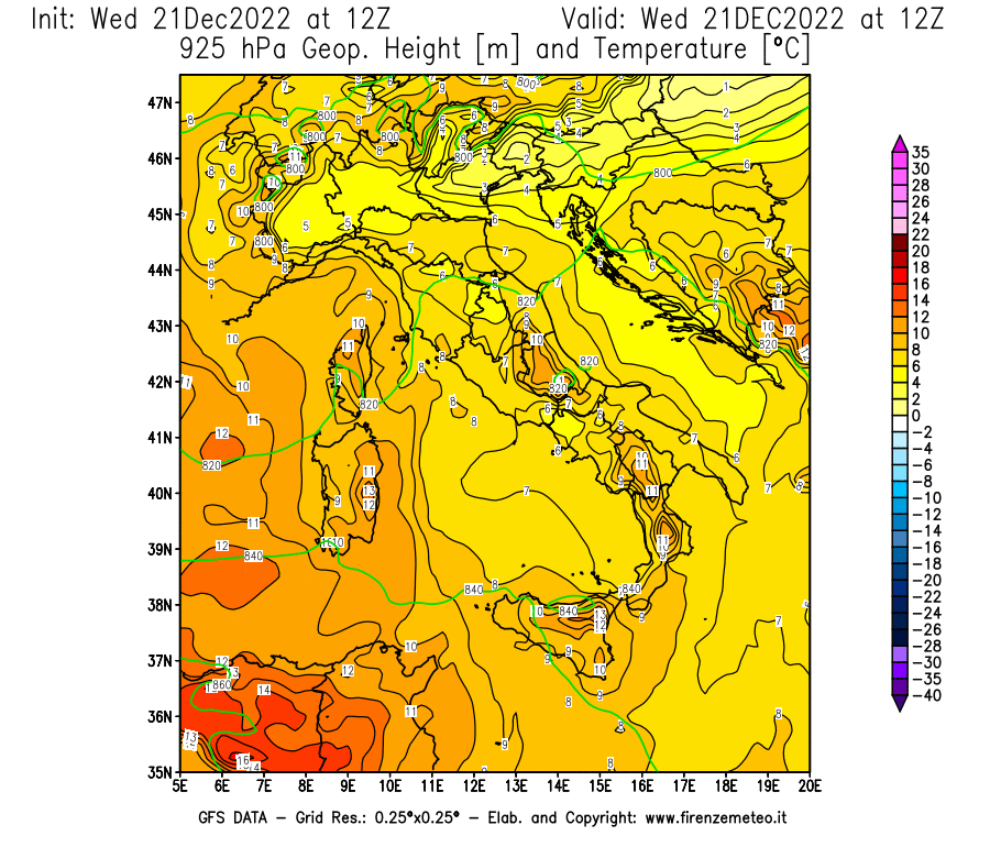 Mappa di analisi GFS - Geopotenziale [m] e Temperatura [°C] a 925 hPa in Italia
							del 21/12/2022 12 <!--googleoff: index-->UTC<!--googleon: index-->