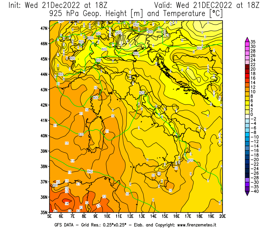 Mappa di analisi GFS - Geopotenziale [m] e Temperatura [°C] a 925 hPa in Italia
							del 21/12/2022 18 <!--googleoff: index-->UTC<!--googleon: index-->