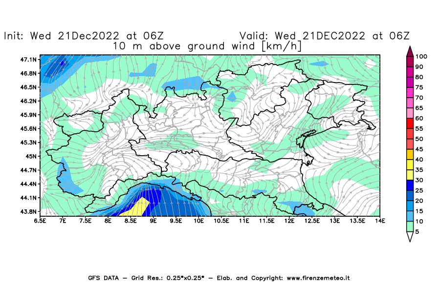 Mappa di analisi GFS - Velocità del vento a 10 metri dal suolo [km/h] in Nord-Italia
							del 21/12/2022 06 <!--googleoff: index-->UTC<!--googleon: index-->