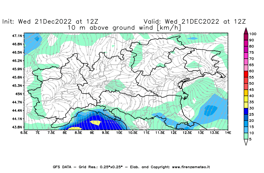 Mappa di analisi GFS - Velocità del vento a 10 metri dal suolo [km/h] in Nord-Italia
							del 21/12/2022 12 <!--googleoff: index-->UTC<!--googleon: index-->