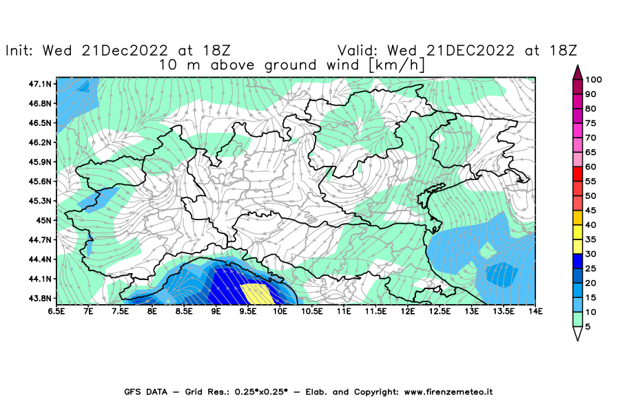 Mappa di analisi GFS - Velocità del vento a 10 metri dal suolo [km/h] in Nord-Italia
							del 21/12/2022 18 <!--googleoff: index-->UTC<!--googleon: index-->