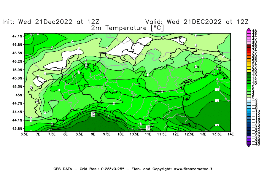 Mappa di analisi GFS - Temperatura a 2 metri dal suolo [°C] in Nord-Italia
							del 21/12/2022 12 <!--googleoff: index-->UTC<!--googleon: index-->