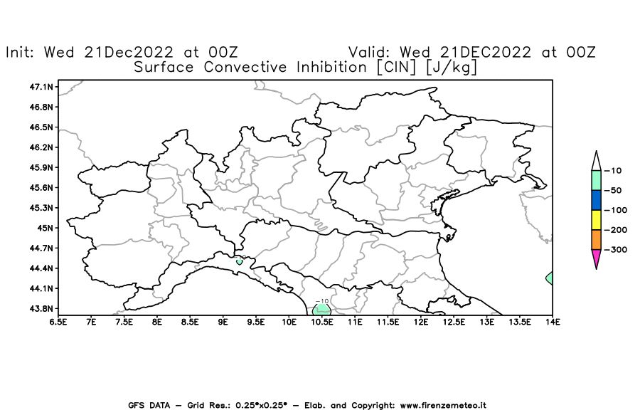 Mappa di analisi GFS - CIN [J/kg] in Nord-Italia
							del 21/12/2022 00 <!--googleoff: index-->UTC<!--googleon: index-->