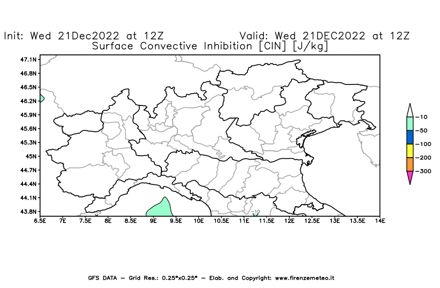 Mappa di analisi GFS - CIN [J/kg] in Nord-Italia
							del 21/12/2022 12 <!--googleoff: index-->UTC<!--googleon: index-->