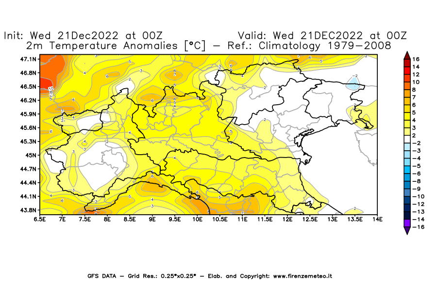 Mappa di analisi GFS - Anomalia Temperatura [°C] a 2 m in Nord-Italia
							del 21/12/2022 00 <!--googleoff: index-->UTC<!--googleon: index-->