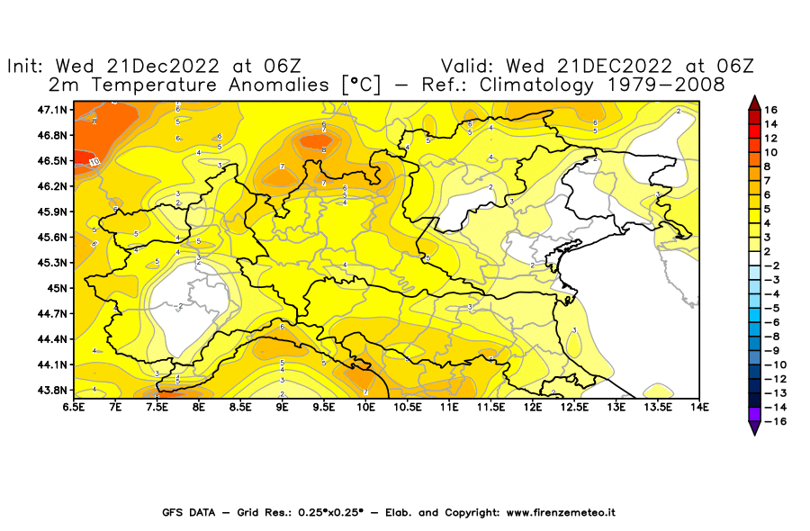 Mappa di analisi GFS - Anomalia Temperatura [°C] a 2 m in Nord-Italia
							del 21/12/2022 06 <!--googleoff: index-->UTC<!--googleon: index-->