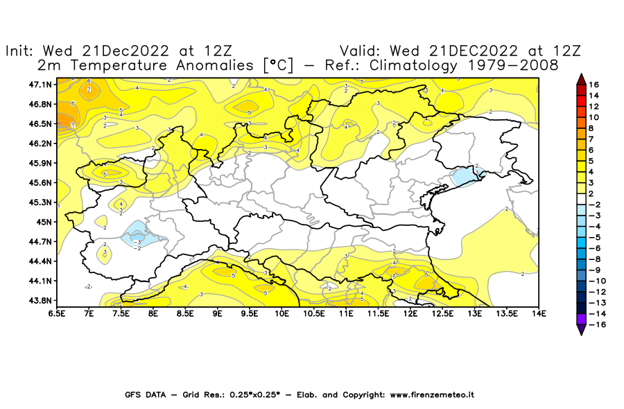 Mappa di analisi GFS - Anomalia Temperatura [°C] a 2 m in Nord-Italia
							del 21/12/2022 12 <!--googleoff: index-->UTC<!--googleon: index-->