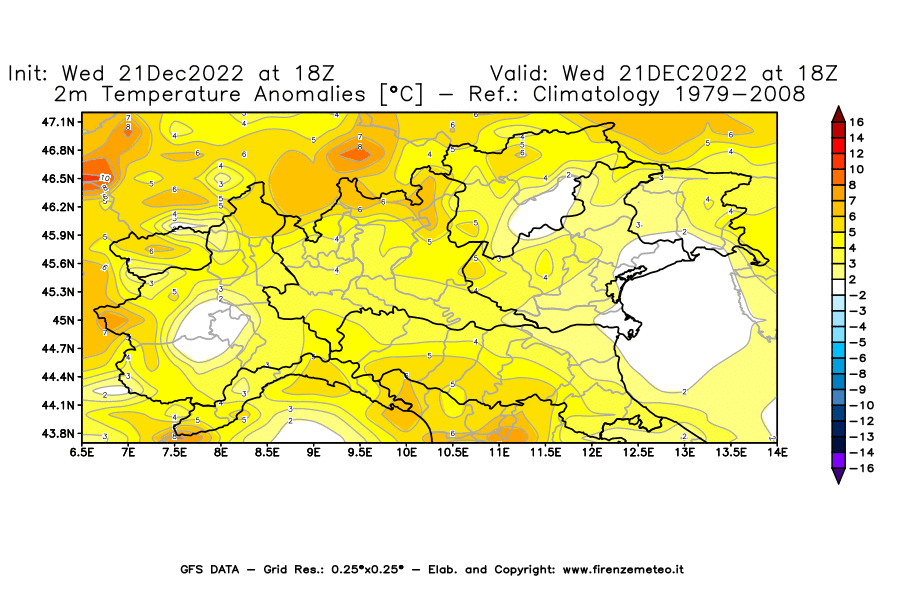 Mappa di analisi GFS - Anomalia Temperatura [°C] a 2 m in Nord-Italia
							del 21/12/2022 18 <!--googleoff: index-->UTC<!--googleon: index-->