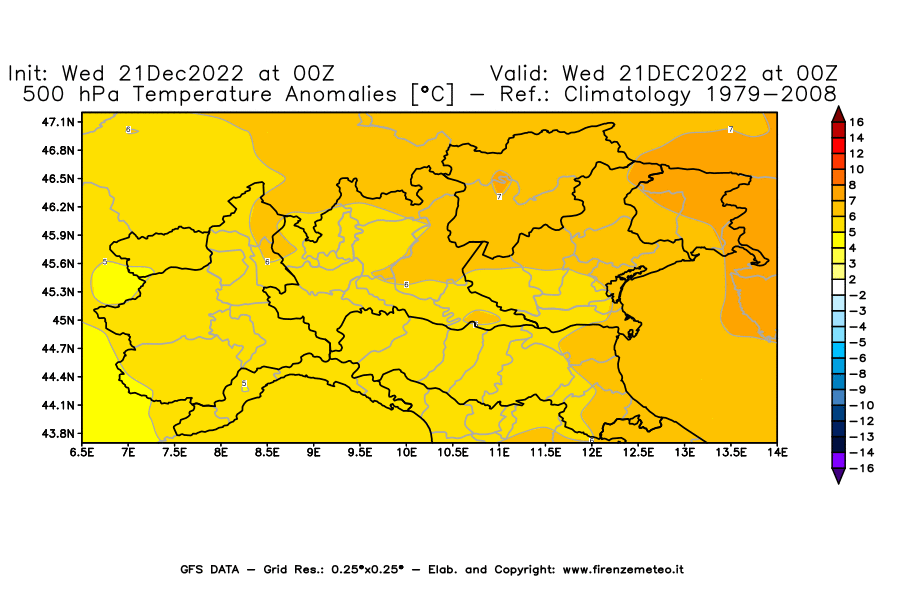 Mappa di analisi GFS - Anomalia Temperatura [°C] a 500 hPa in Nord-Italia
							del 21/12/2022 00 <!--googleoff: index-->UTC<!--googleon: index-->