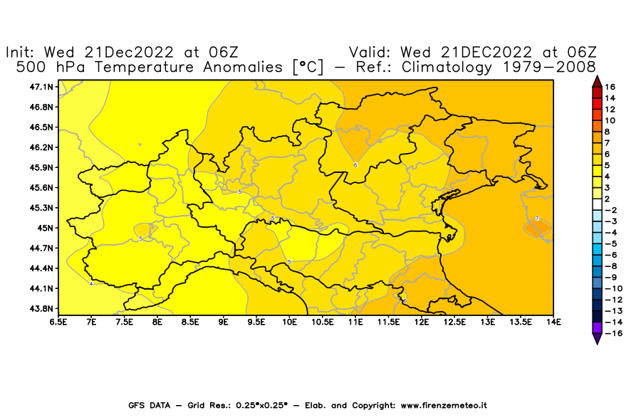 Mappa di analisi GFS - Anomalia Temperatura [°C] a 500 hPa in Nord-Italia
							del 21/12/2022 06 <!--googleoff: index-->UTC<!--googleon: index-->
