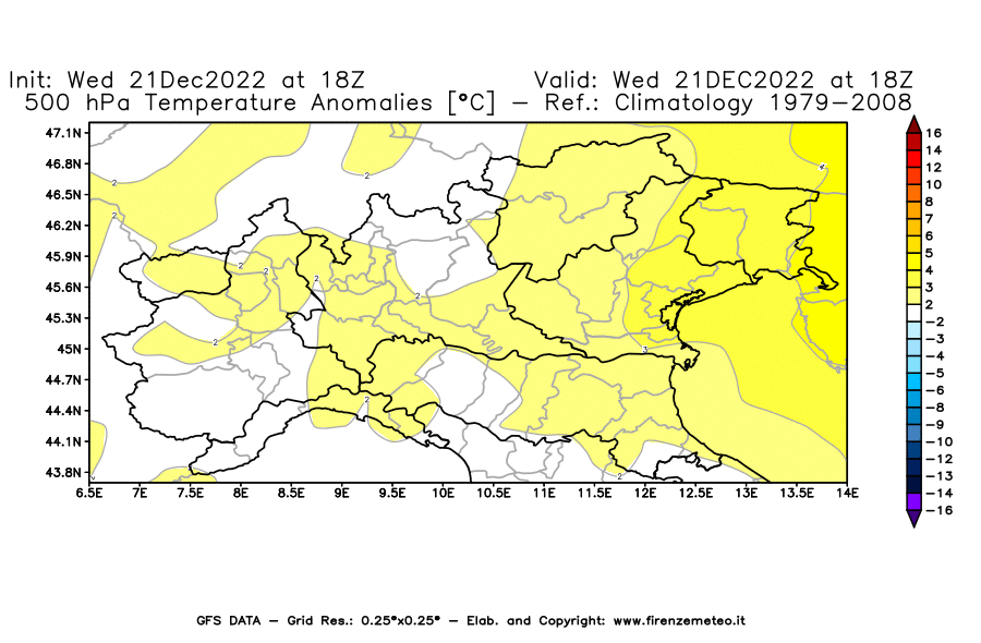 Mappa di analisi GFS - Anomalia Temperatura [°C] a 500 hPa in Nord-Italia
							del 21/12/2022 18 <!--googleoff: index-->UTC<!--googleon: index-->