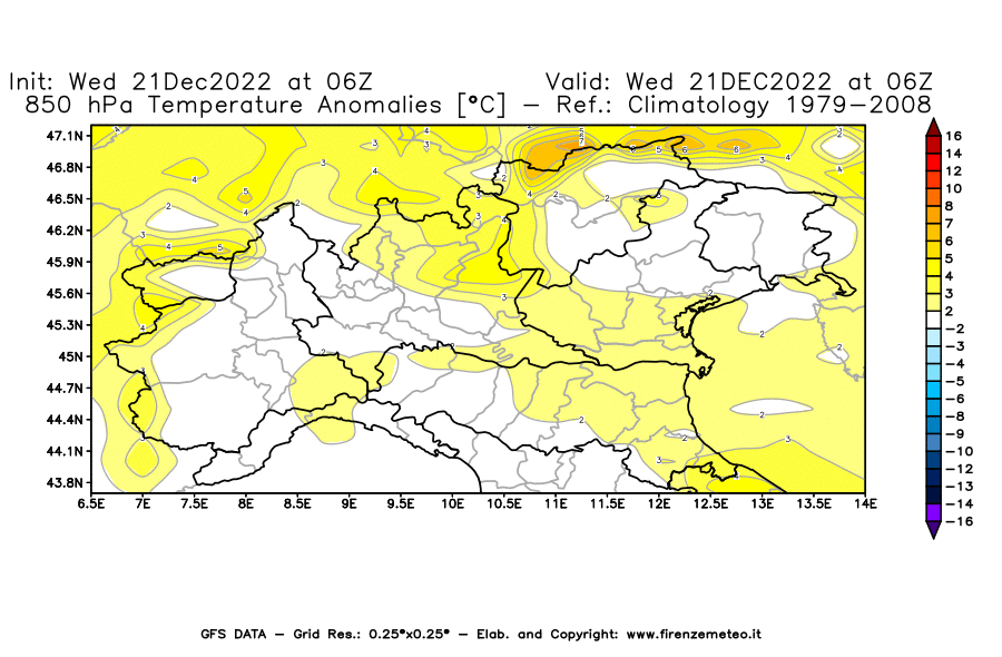 Mappa di analisi GFS - Anomalia Temperatura [°C] a 850 hPa in Nord-Italia
							del 21/12/2022 06 <!--googleoff: index-->UTC<!--googleon: index-->