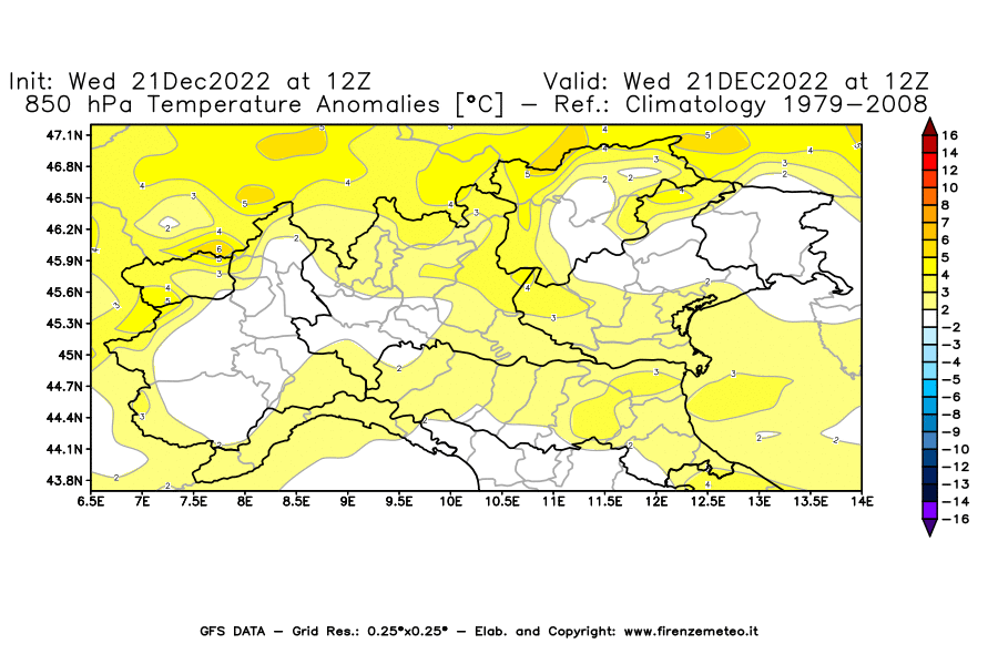 Mappa di analisi GFS - Anomalia Temperatura [°C] a 850 hPa in Nord-Italia
							del 21/12/2022 12 <!--googleoff: index-->UTC<!--googleon: index-->