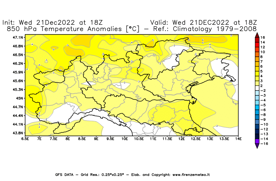 Mappa di analisi GFS - Anomalia Temperatura [°C] a 850 hPa in Nord-Italia
							del 21/12/2022 18 <!--googleoff: index-->UTC<!--googleon: index-->