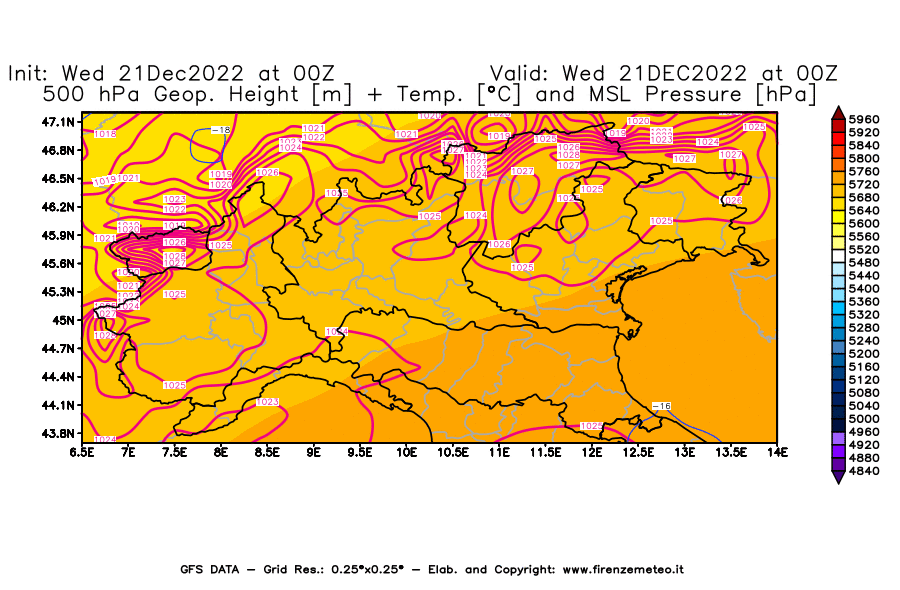 Mappa di analisi GFS - Geopotenziale [m] + Temp. [°C] a 500 hPa + Press. a livello del mare [hPa] in Nord-Italia
							del 21/12/2022 00 <!--googleoff: index-->UTC<!--googleon: index-->