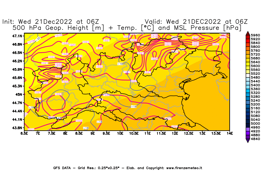 Mappa di analisi GFS - Geopotenziale [m] + Temp. [°C] a 500 hPa + Press. a livello del mare [hPa] in Nord-Italia
							del 21/12/2022 06 <!--googleoff: index-->UTC<!--googleon: index-->