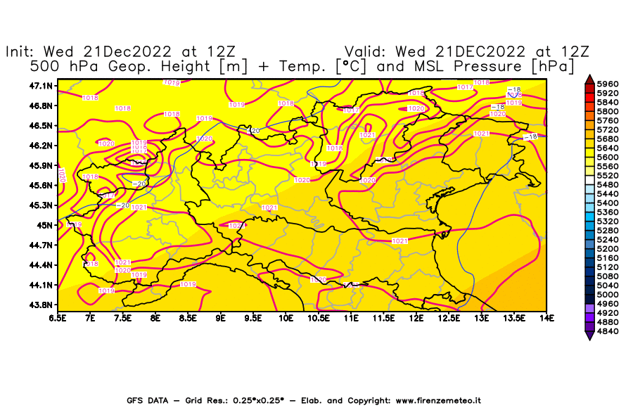 Mappa di analisi GFS - Geopotenziale [m] + Temp. [°C] a 500 hPa + Press. a livello del mare [hPa] in Nord-Italia
							del 21/12/2022 12 <!--googleoff: index-->UTC<!--googleon: index-->