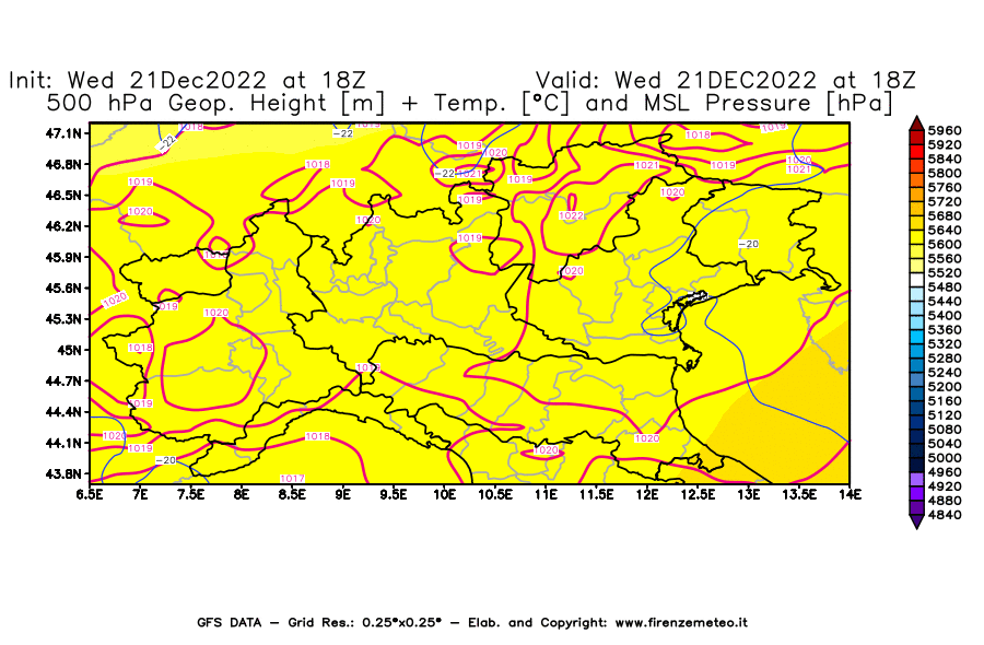 Mappa di analisi GFS - Geopotenziale [m] + Temp. [°C] a 500 hPa + Press. a livello del mare [hPa] in Nord-Italia
							del 21/12/2022 18 <!--googleoff: index-->UTC<!--googleon: index-->