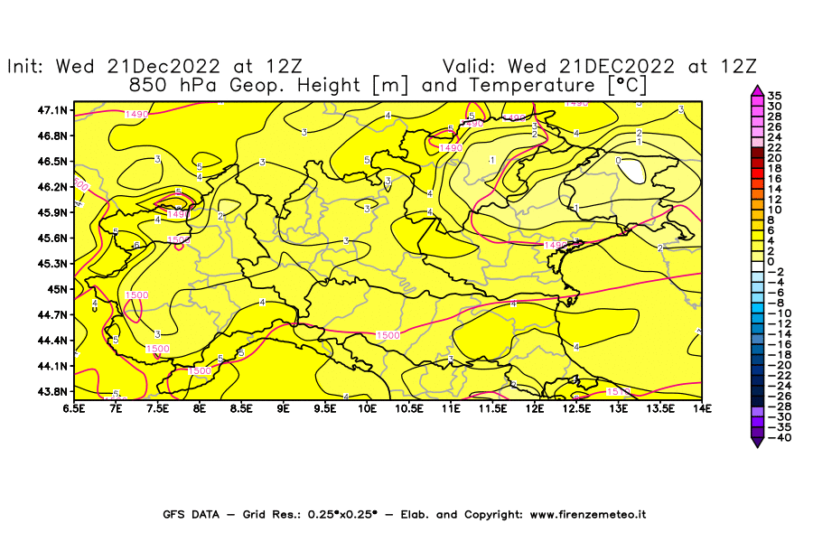 Mappa di analisi GFS - Geopotenziale [m] e Temperatura [°C] a 850 hPa in Nord-Italia
							del 21/12/2022 12 <!--googleoff: index-->UTC<!--googleon: index-->